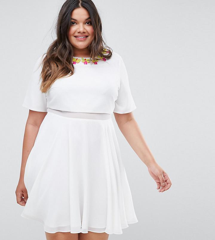 Asos Curve Embellished Scatter Crop Top Mini Skater Dress - White