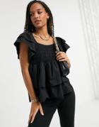 River Island Short Sleeve Poplin Smock Top In Black