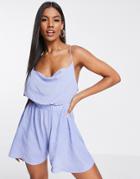 Asos Design Cowl Neck Skinny Strap Romper In Cornflower Blue-blues