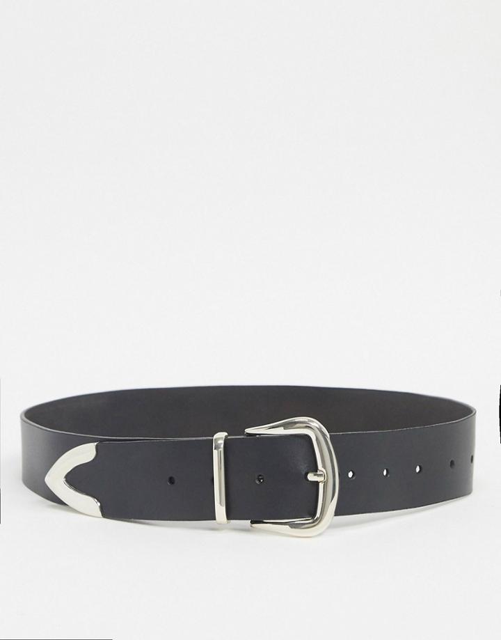 Asos Design Leather Tipped Jeans Belt In Black With Shiny Silver Metal