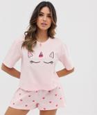 Asos Design Unicorn Heart Pyjama Short Set - Pink
