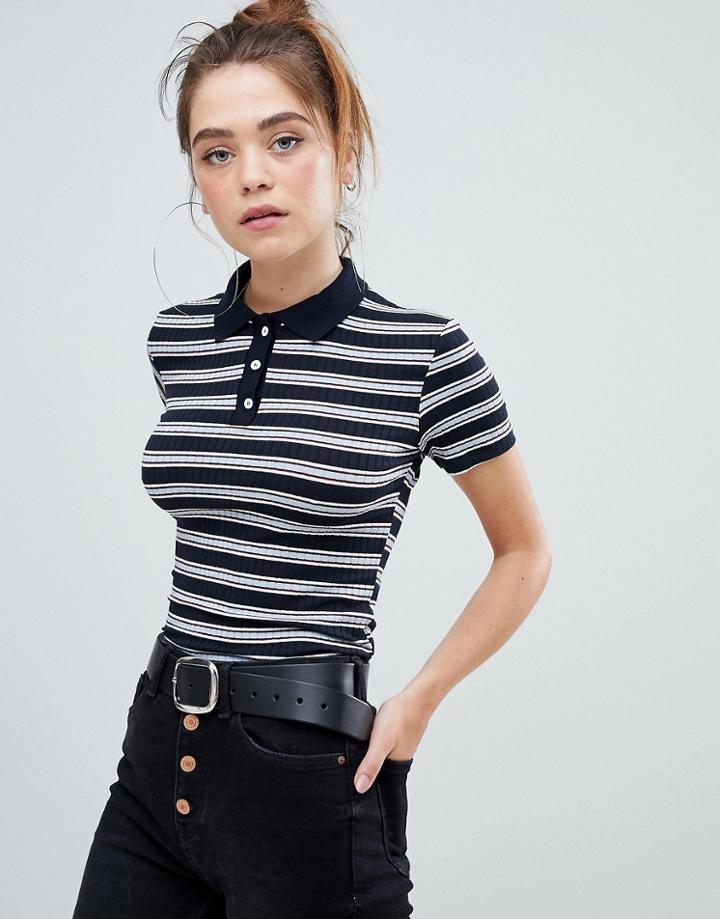 Bershka Button Front Collar Striped Ribbed T Shirt - Black