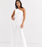 Club L London Tall One Shoulder Drape Detail Jumpsuit In White