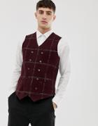 Asos Slim Suit Vest In Moons Wool Rich Burgundy Check-red