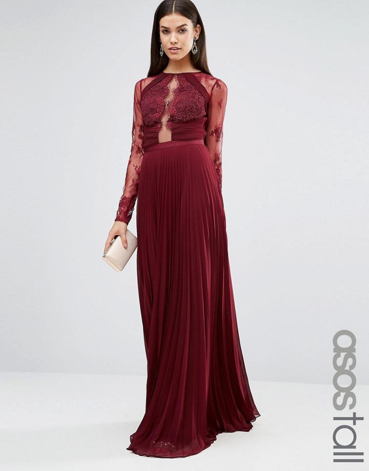 Asos Tall Wedding Pretty Lace Eyelash Pleated Maxi Dress - Red