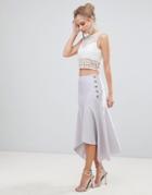 Asos Hanky Hem Midi Skirt With Side Button Detail - Silver