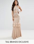 Maya Tall High Neck Embellished Plunge Front Maxi Dress With Frill Skirt Detail - Pink