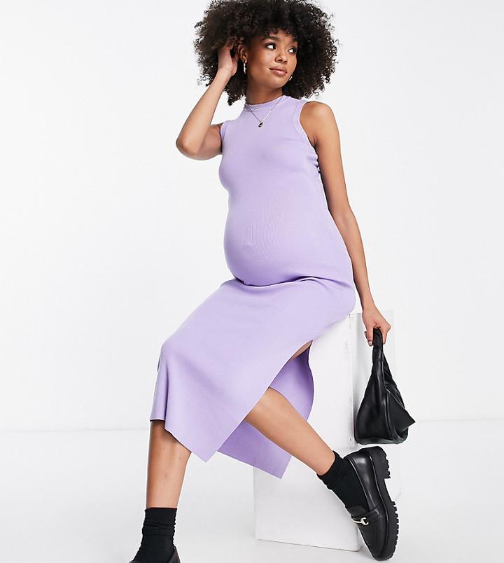 Asos Design Maternity Knitted Racer Midi Dress In Lilac-purple