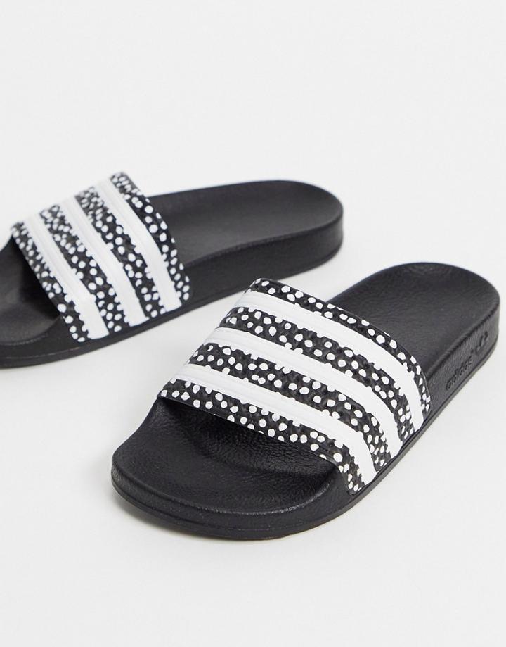 Adidas Originals Adilette Slides In Black With Polka Dots
