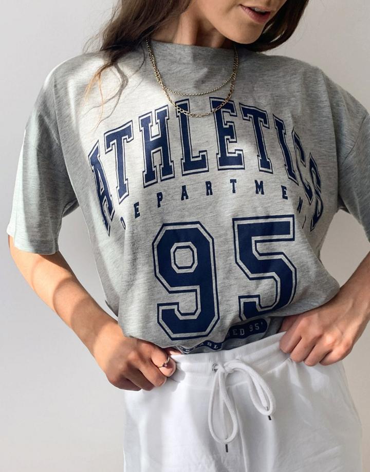 Asos Design Oversized T-shirt With Athletic Print In Gray Heather-grey