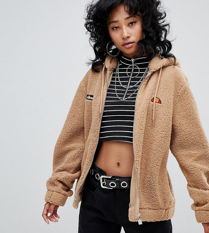 Ellesse Oversized Zip Front Hoodie With Embroidered Chest Logo In Teddy Fleece - Brown