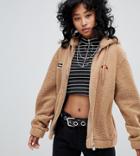 Ellesse Oversized Zip Front Hoodie With Embroidered Chest Logo In Teddy Fleece - Brown