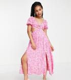 Miss Selfridge Petite Ring Detail Cut Out Maxi Dress In Pink Hibiscus Print