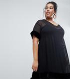 Lost Ink Plus Dress With Mesh Skater Overlay With Faux Fur Trims - Black