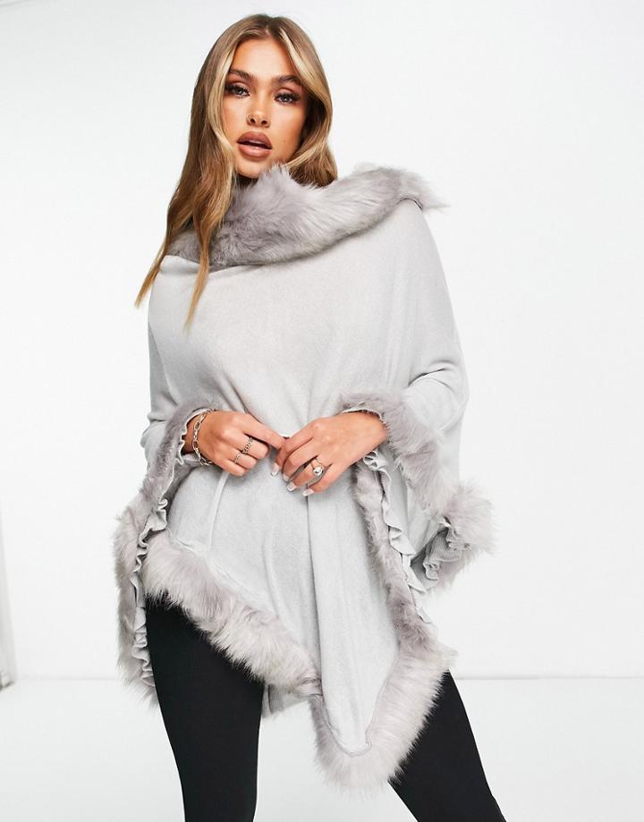 Jayley Faux Fur Trim Poncho In Gray-grey