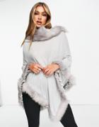 Jayley Faux Fur Trim Poncho In Gray-grey