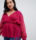 Asos Design Curve Sheer Long Sleeve Wrap Top With Lace Inserts - Purple