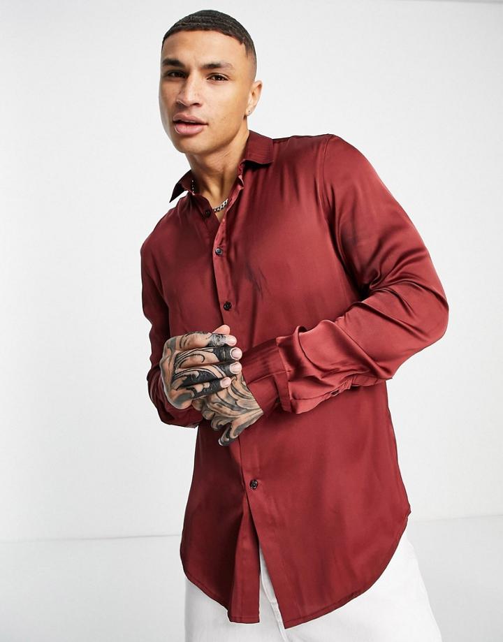Asos Design Satin Shirt In Recycled Polyester In Dark Burgundy-red