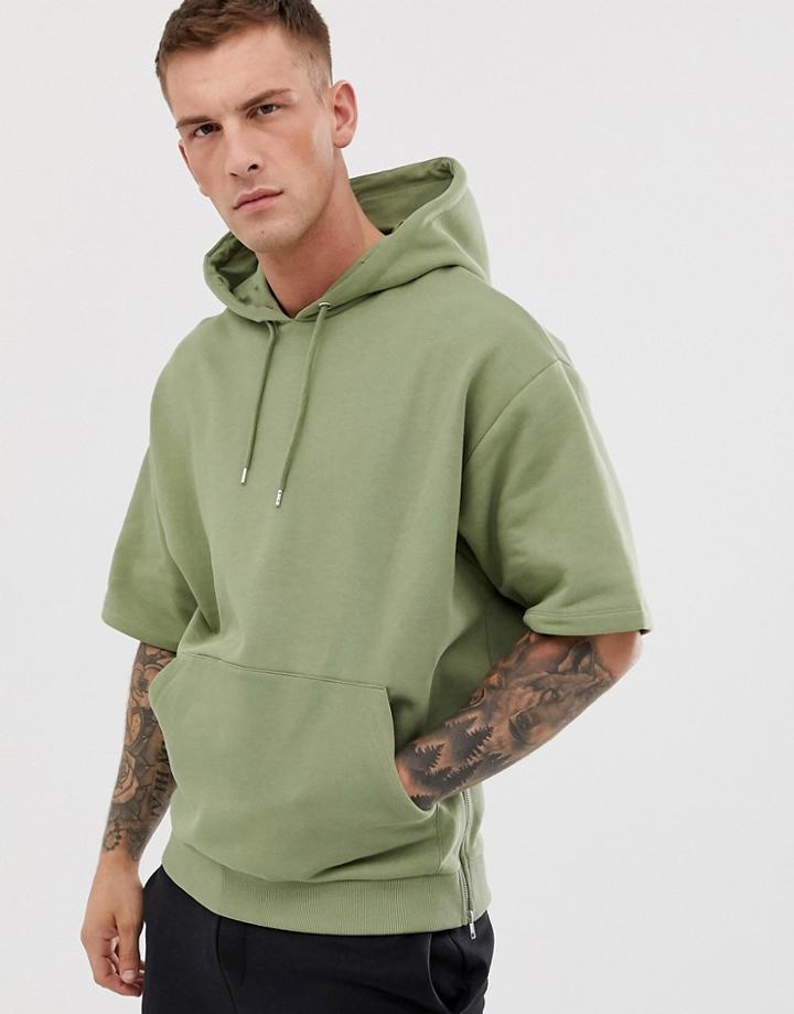 Asos Design Short Sleeve Oversized Hoodie With Side Zips In Khaki - Green