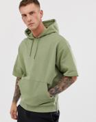 Asos Design Short Sleeve Oversized Hoodie With Side Zips In Khaki - Green