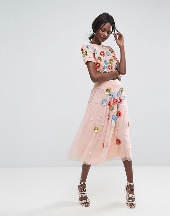 Lace & Beads Neon 3d Embellished Tulle Skirt - Multi