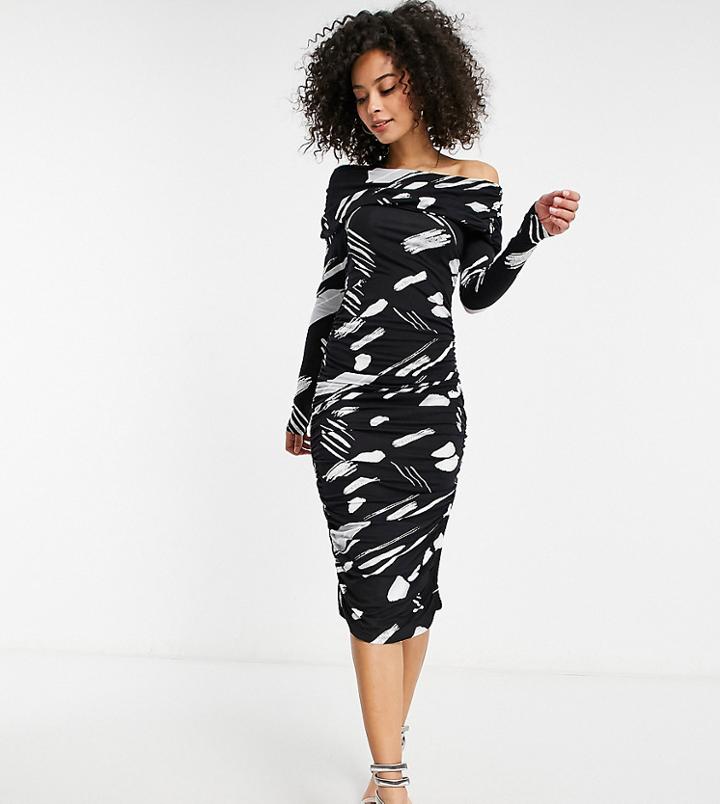 Asos Design Tall Off Shoulder Ruched Sleeve Midi Dress In Mono Smudge Print-multi