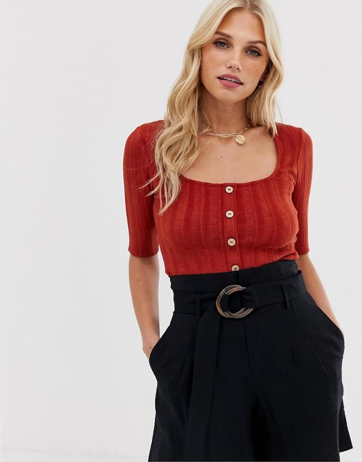 Stradivarius Ribbed Button Front Square Neck Top In Terracotta-red