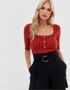 Stradivarius Ribbed Button Front Square Neck Top In Terracotta-red