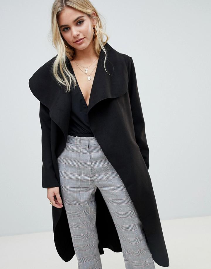 Prettylittlething Waterfall Coat In Black - Black