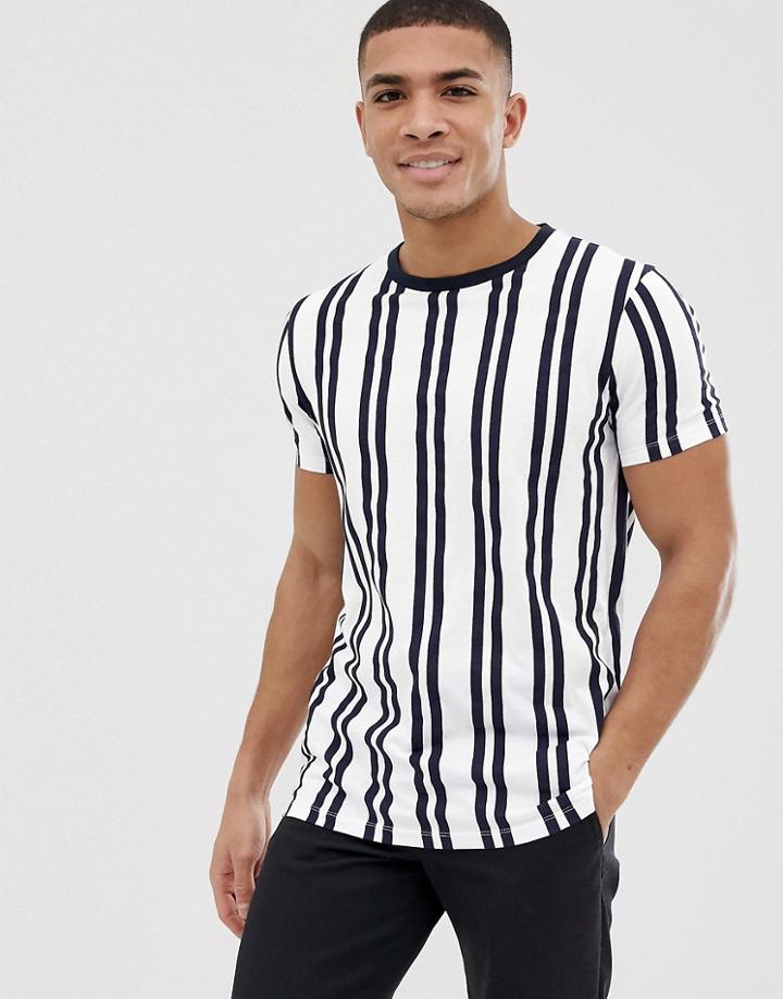 Asos Design Vertical Stripe Print T-shirt With Contrast Neck In Navy Stripe - White