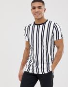 Asos Design Vertical Stripe Print T-shirt With Contrast Neck In Navy Stripe - White