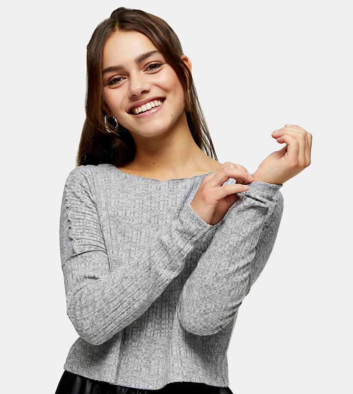 Topshop Petite Cut And Sew Lettuce Sweatshirt In Gray-grey