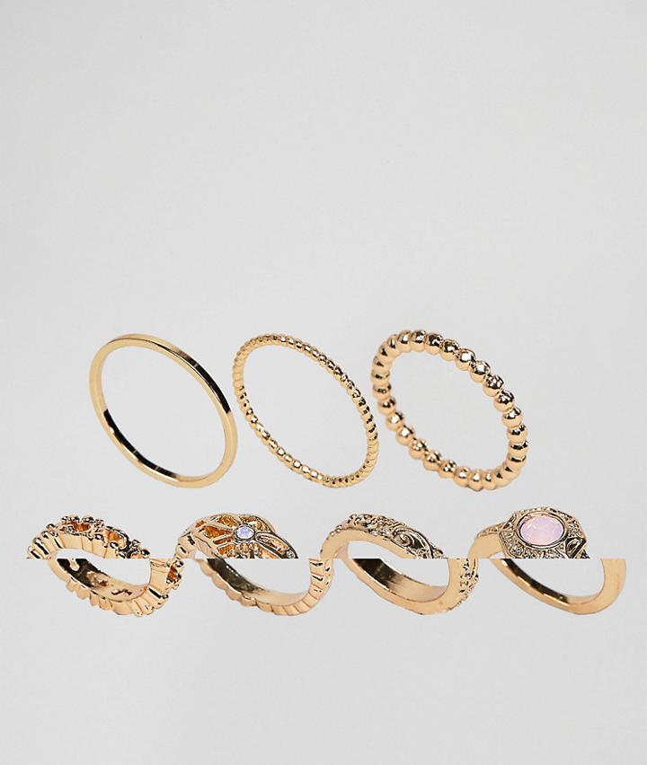 Asos Design Pack Of 7 Faux Rose Quartz And Filligree Rings - Gold