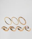 Asos Design Pack Of 7 Faux Rose Quartz And Filligree Rings - Gold