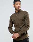 Asos Skinny Military Shirt In Khaki Twill With Long Sleeves - Khaki