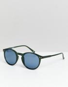 Asos Design Round Sunglasses In Matte Green With Blue Lens - Green