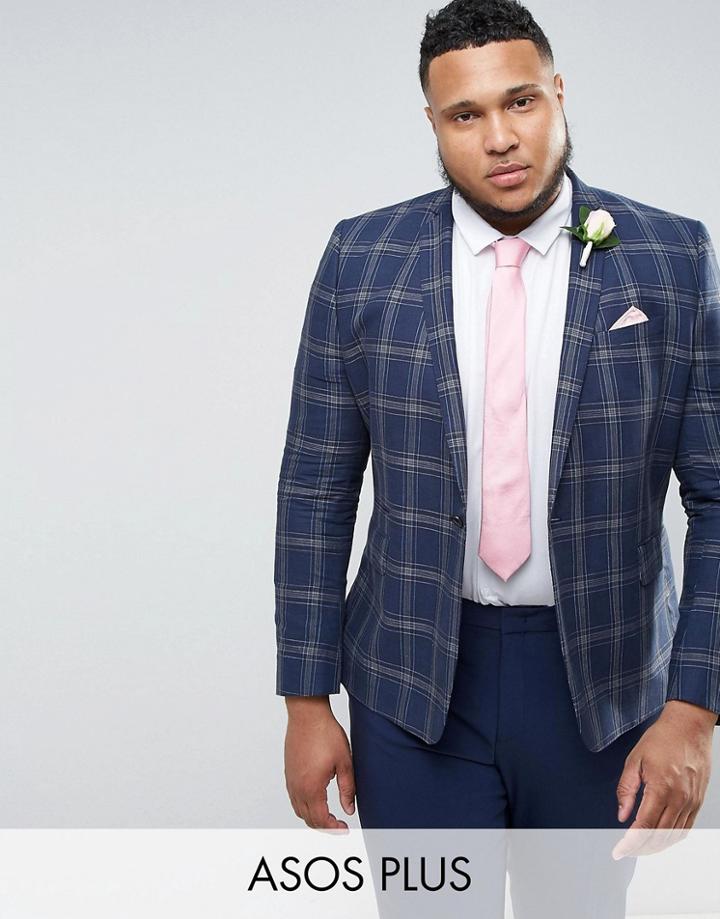 Asos Plus Wedding Skinny Blazer In Linen Rich Lightweight Check - Blue