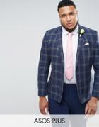 Asos Plus Wedding Skinny Blazer In Linen Rich Lightweight Check - Blue