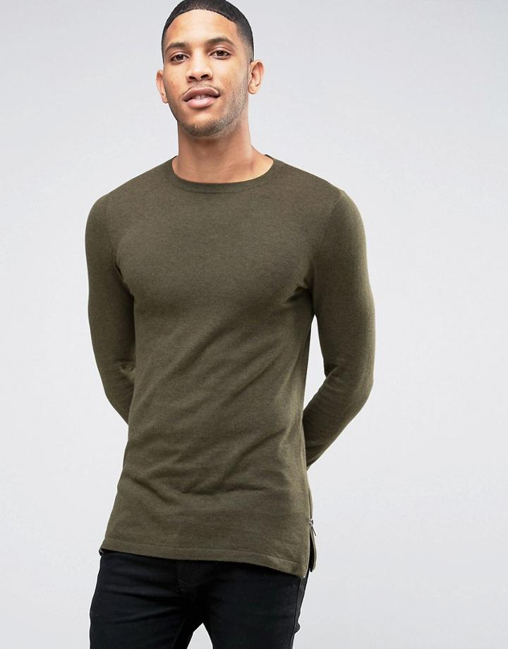 Asos Muscle Fit Sweater With Side Zips In Khaki - Green