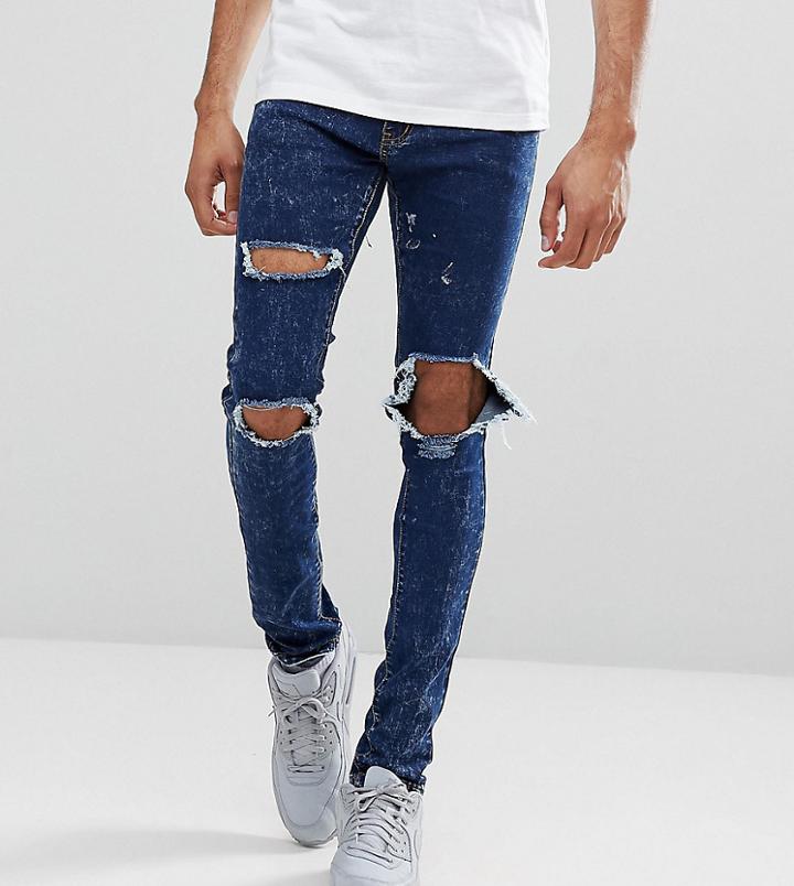 Liquor N Poker Tall Stonewash Open Knee Rip Skinny Jeans - Blue