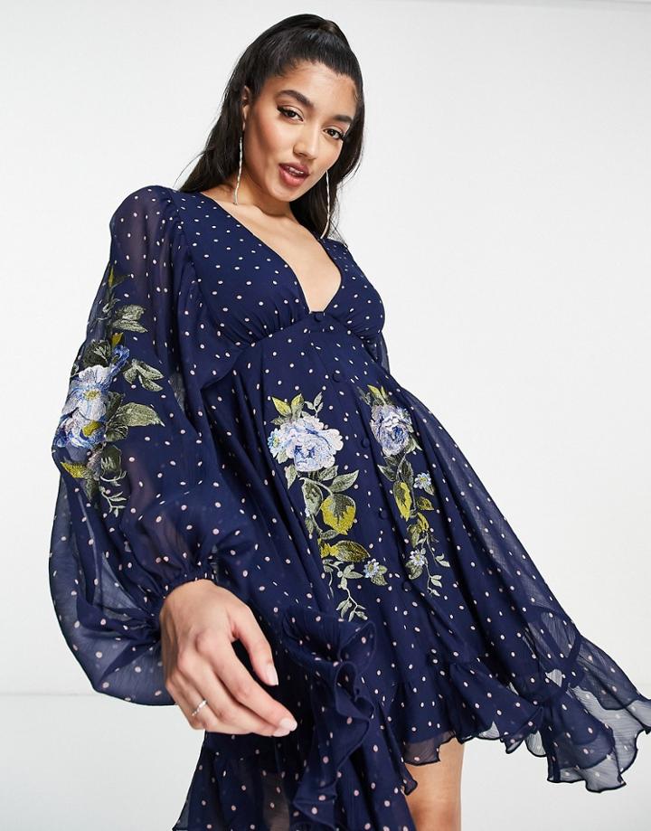 Asos Design Button Detail Embroidery Mini Dress With Blouson Sleeve In Spot Print-navy