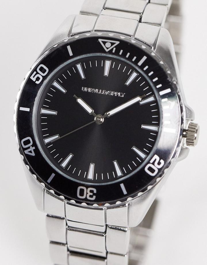 Asos Design Bracelet Watch With Silver Brushed Detail And Black Face