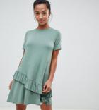 Asos Design Petite Mini T-shirt Dress With Drop Ruffle Hem - Green