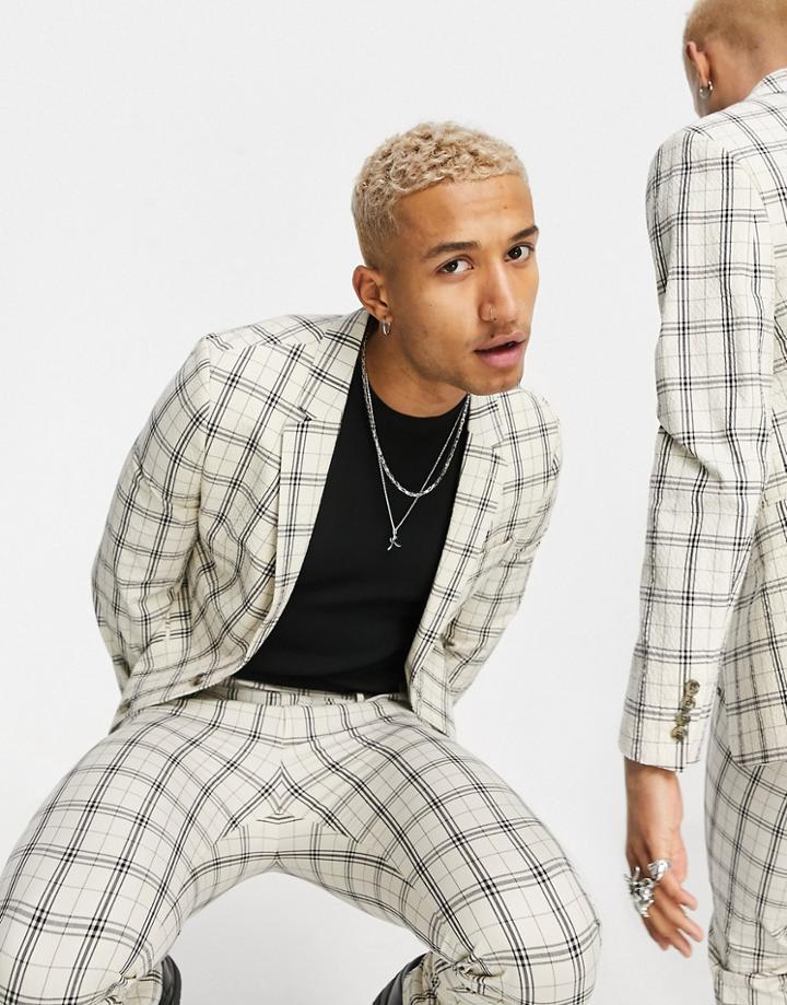 Asos Design Wedding Super Skinny Suit Jacket In Beige Grid Check-neutral