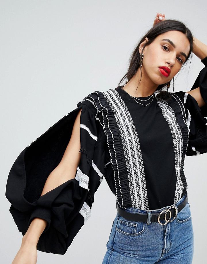 Lost Ink Sweatshirt With Exaggerated Sleeves And Trims - Black