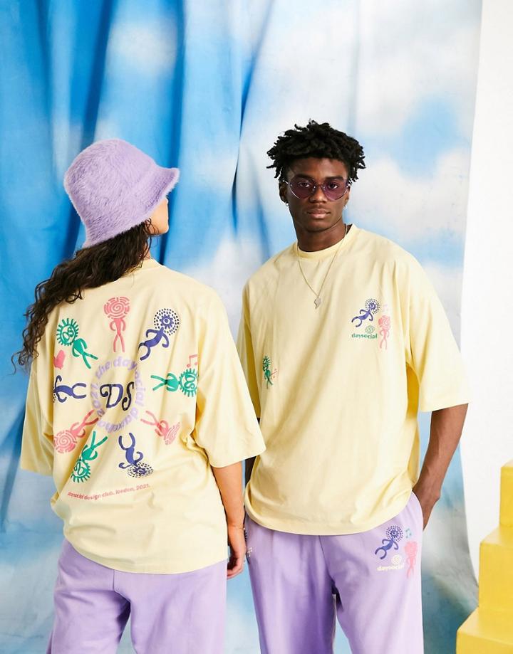Asos Daysocial Unisex Oversized T-shirt With Back Graphic Print And Logo In Yellow - Part Of A Set