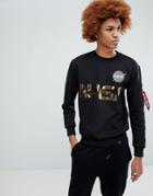 Alpha Industries Nasa Gold Foil Print Crew Neck Sweatshirt In Black - Black