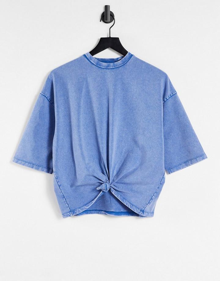 Chelsea Peers Lounge Knot Front T Shirt In Blue Acid Wash-blues