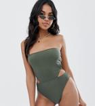 Missguided Cut Out Swimsuit In Khaki - Green