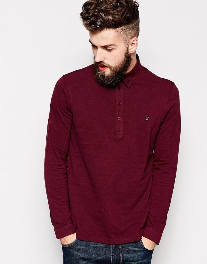 Farah Polo Shirt With Textured Panel In Long Sleeve Slim Fit - Red